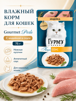 Gourmet Perle mushuklar uchun kurka go‘shti bilan sousdagi nam yem, 75 g - 1 dona-0