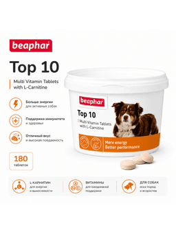 Beaphar Top 10 itlar uchun L-karnitinli multivitamin tabletkasi, 1 dona-0