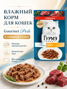 Gourmet Perle mushuklar uchun mol go‘shti bilan sousdagi nam yem, 75 g - 1 dona-0